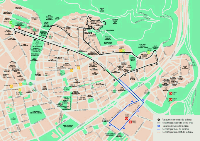 Plànol de la línia 127 amb l'ampliació en blau