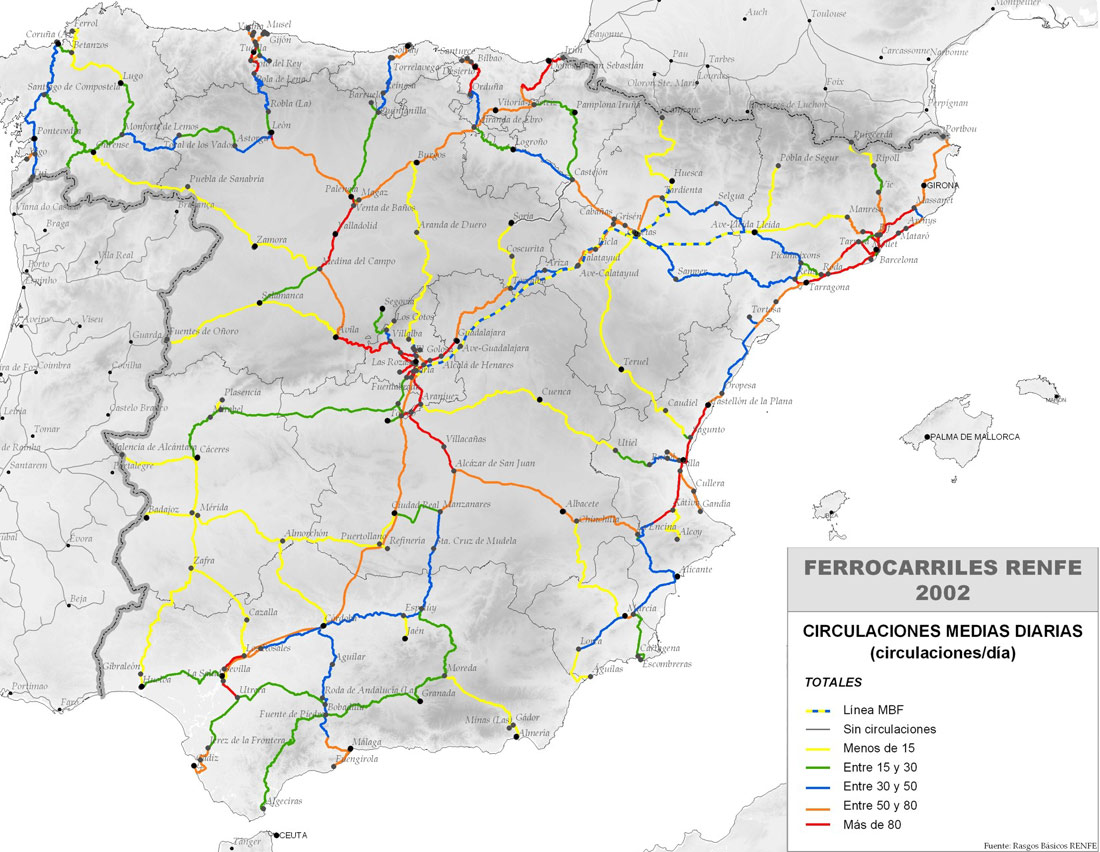 Plànol de línies de RENFE, amb colors segons el número de circulacions que cada una té diàriament