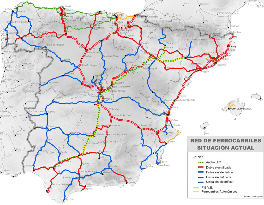 Plànol de tota la xarxa ferroviària espanyola: RENFE+autonómics+FEVE