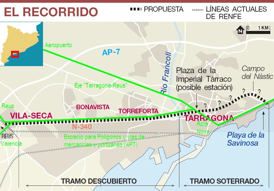 La línea verde es por donde pasaría yo las vías soterradas y en superficie en TGN