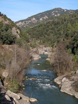 A la part alta i a l'esquerra és pot veure la traça de l'antic camí del carrilet. Avui convertit en una petita via verda.