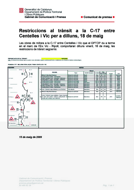 Restriccions trànsit a partir del 18/5/2009