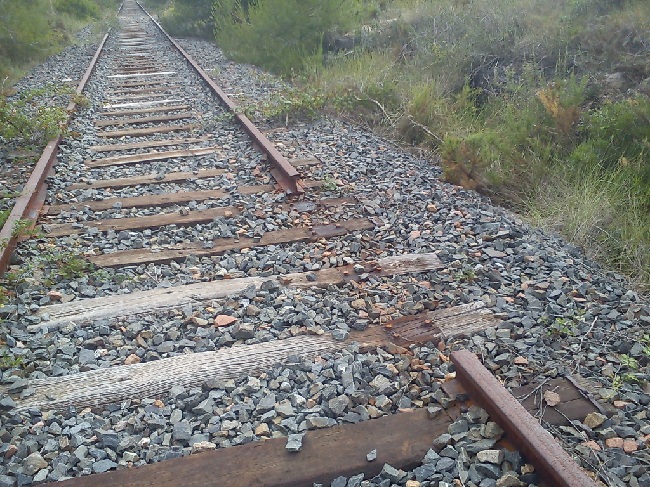 Vía amb rail robat entre el Catllar i la Riera de Gaià, foto de l'estiu de 2011 de quan vaig fer el recorregut d'aquesta línia a peu