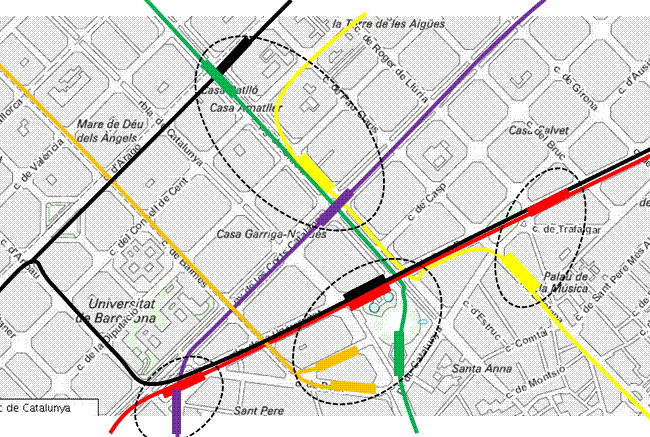 Actual distribució línies i estacions al centre de Barcelona