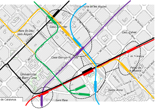 Proposta línies i estacions al centre de Barcelona, integrant FGC i metro